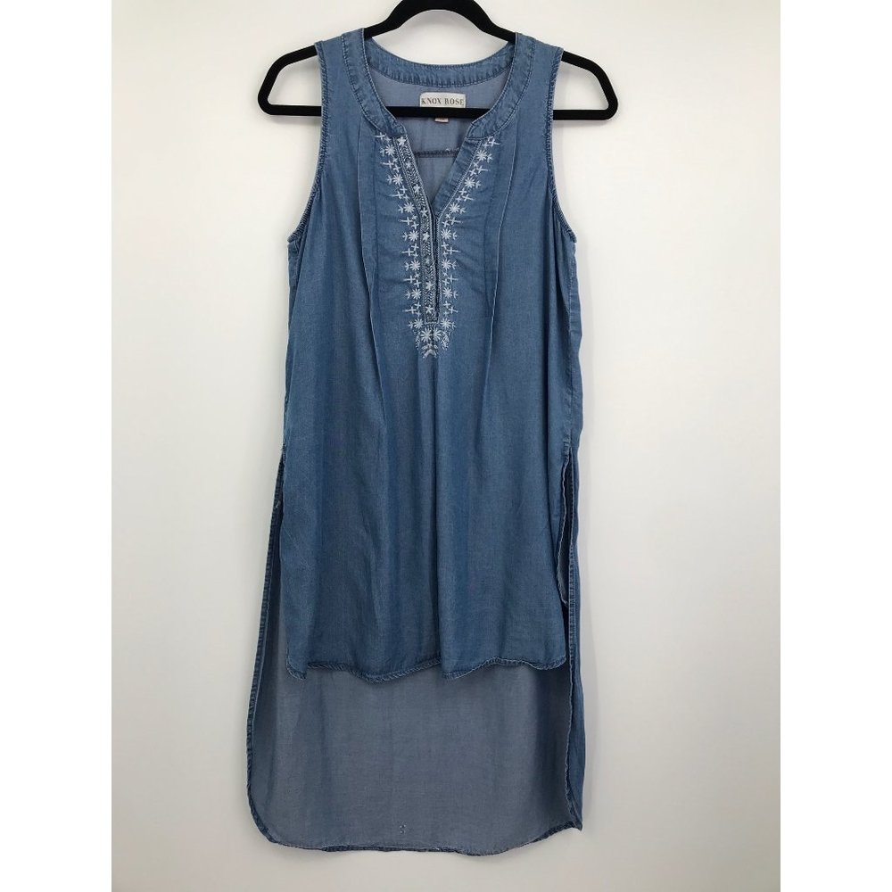 Knox Rose Sleeveless Hi Low Blue Chambray Embroidered Top Small